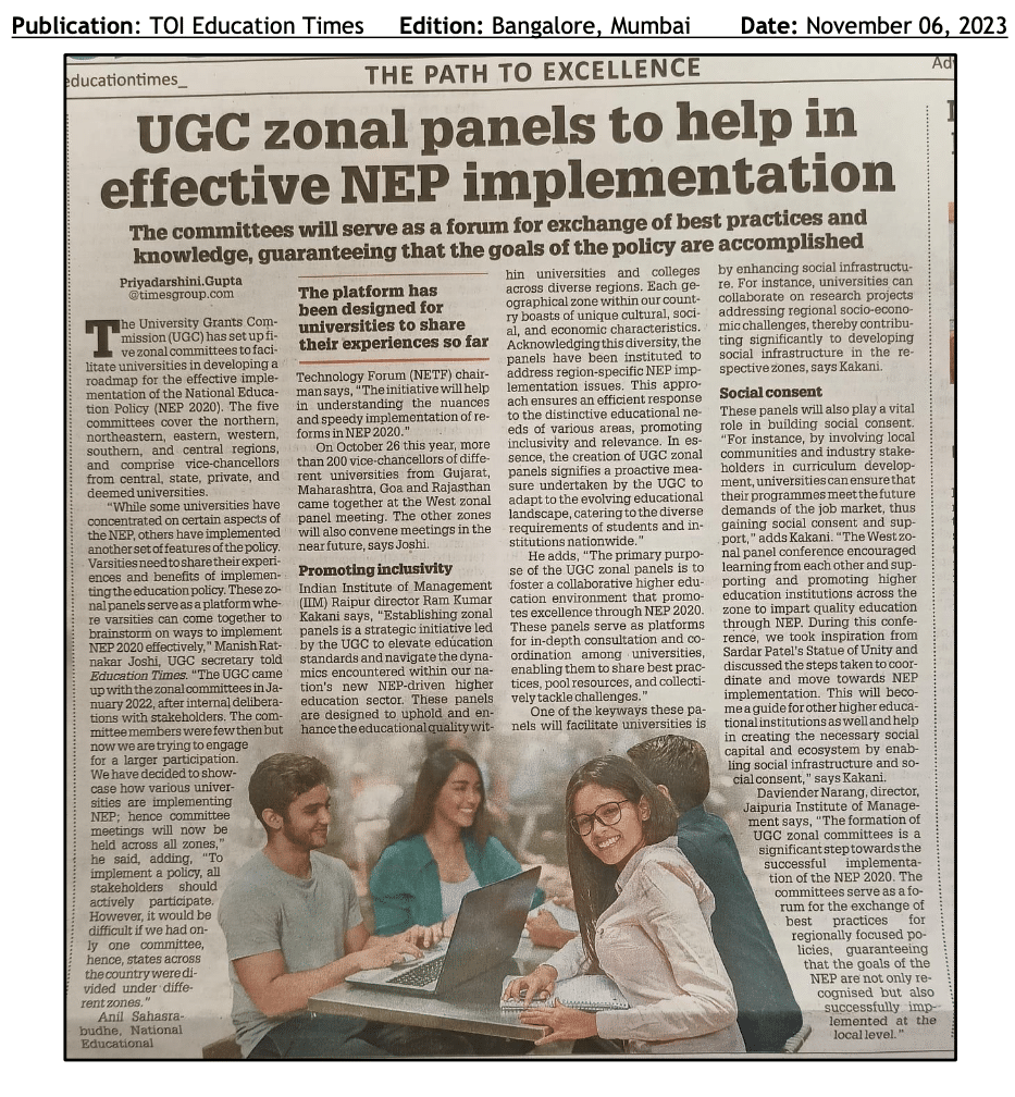TOI Education Times article on UGC zonal panels promoting NEP 2020 implementation with students collaboratively working on a laptop.