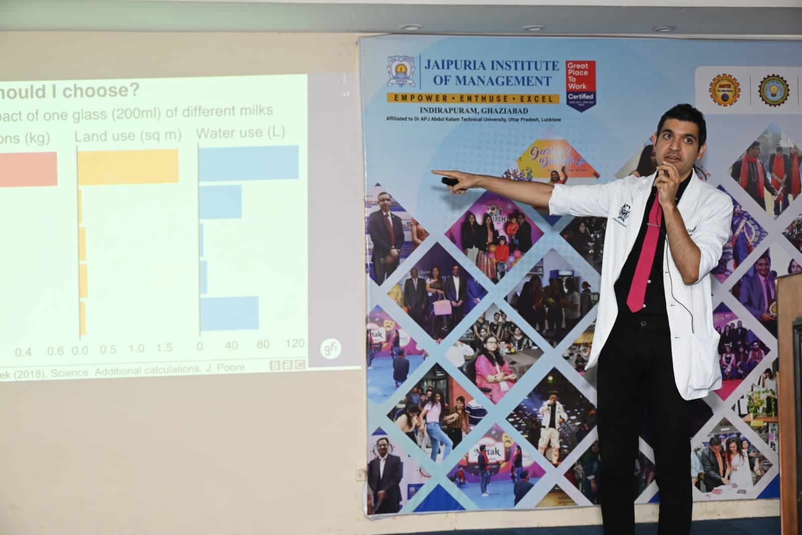 Dr. Faraz Harsini gesturing towards a presentation on sustainable diets during a lecture at the Jaipuria Institute of Management.