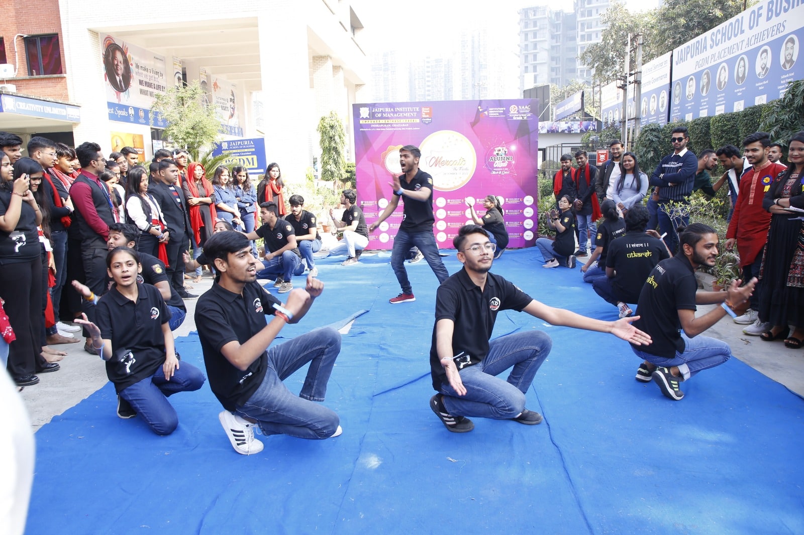  Performers delivering an expressive act at the Nukkad Natak 'Aawahan' during Mercato at Jaipuria Institute.