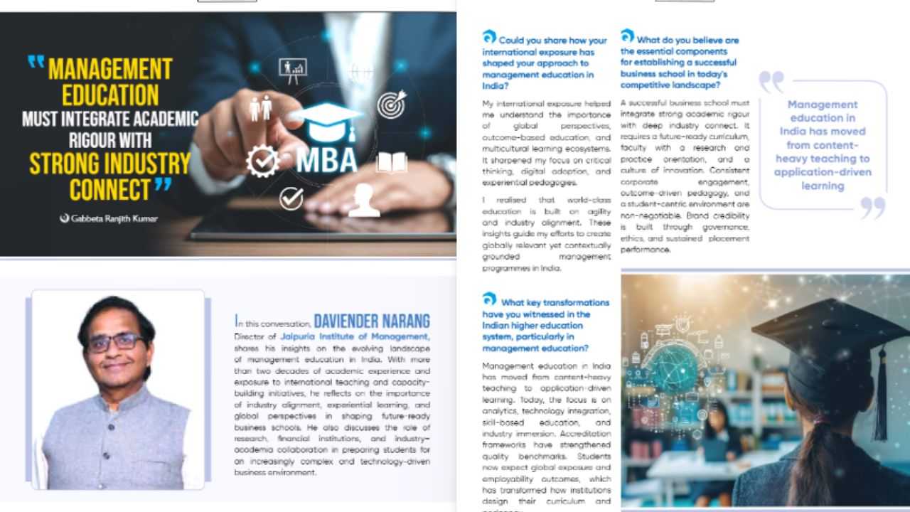 Magazine spread about management education featuring an MBA banner, portrait, and a graduate with a digital learning theme.