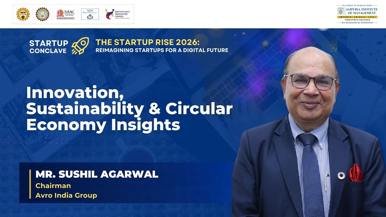Hero banner for Startup Conclave: Innovation, Sustainability & Circular Economy Insights featuring Mr. Sushil Agarwal, Chairman of Avro India Group in a suit badge visible on lapel.