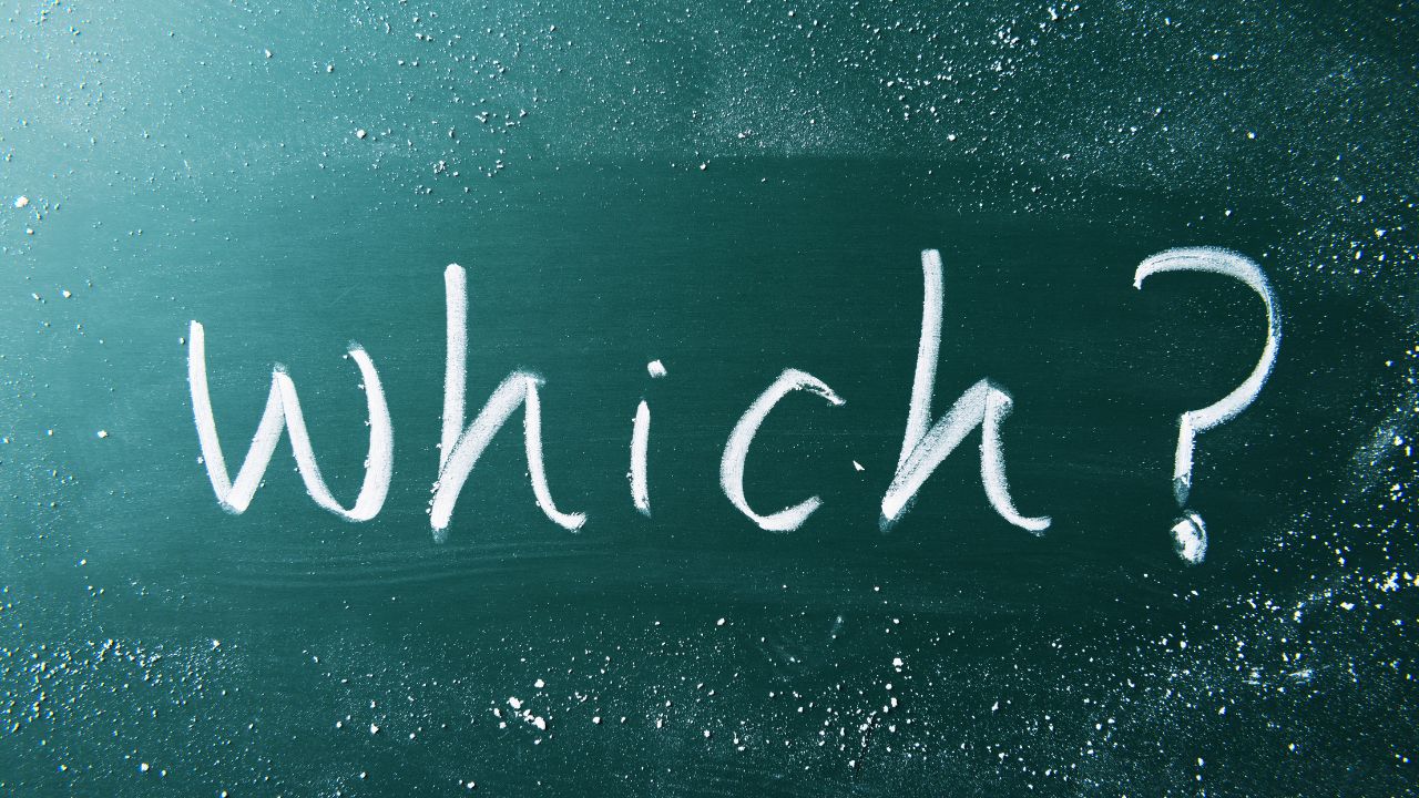 Chalkboard with white handwritten word 'which?' in cursive on a teal-green surface