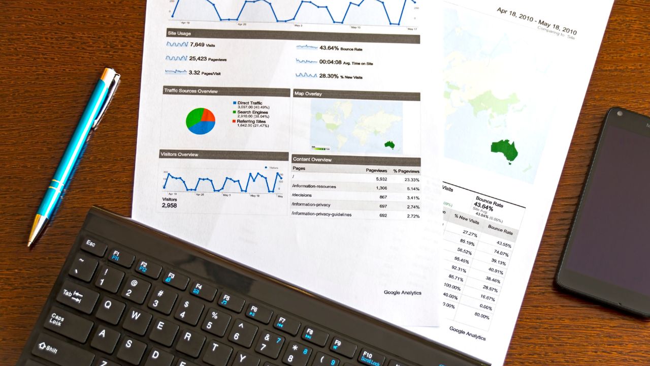 Overhead view of a desk with a printed analytics report showing charts and a map, a blue pen, a keyboard, and a smartphone.