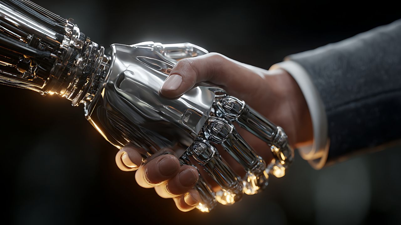 Human hand shaking a shiny robotic hand, symbolizing human-robot partnership and collaboration.