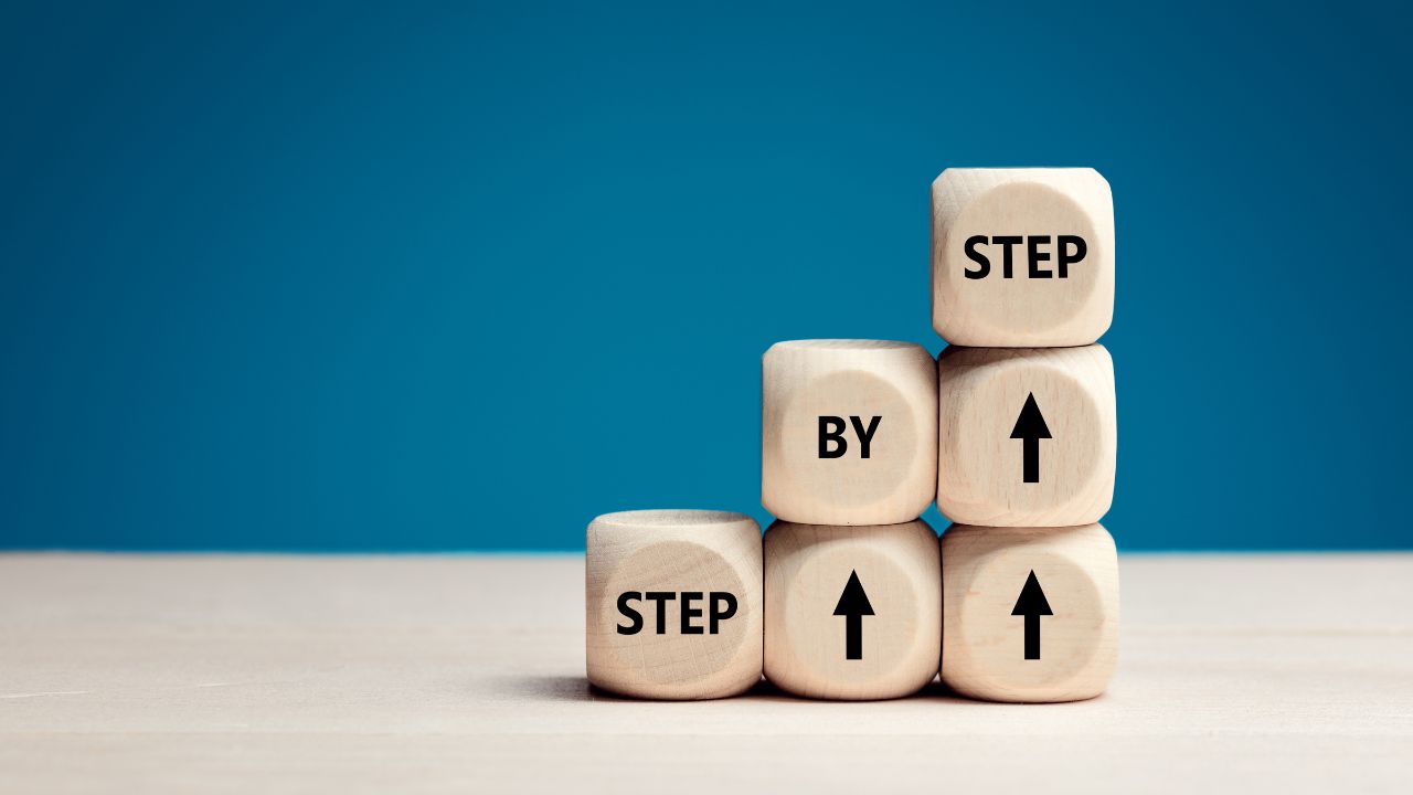 MBA Admissions Process 2026 Step-by-Step Guide for Aspirants Wooden blocks stacked like stairs spell out STEP BY STEP, signaling a step-by-step process.