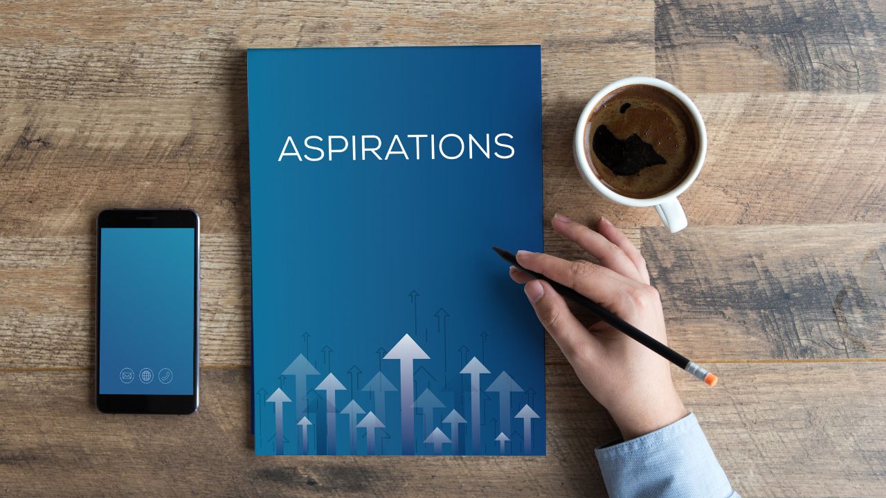 Blue booklet titled ASPIRATIONS with an upward-arrow graphic, a hand holding a pencil, a smartphone, and a cup of coffee on a wooden desk.