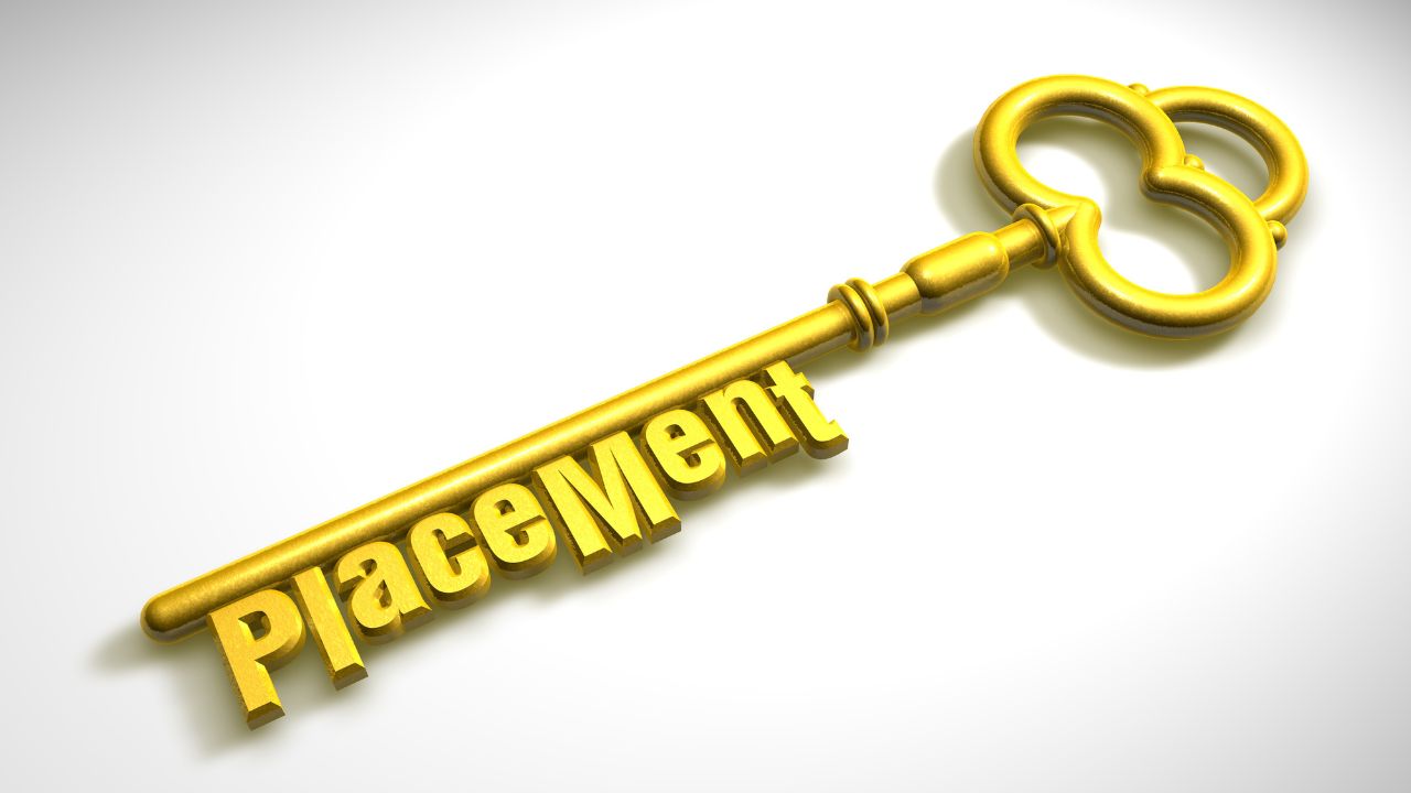 Golden key with the word 'Placement' along the shaft, symbolizing the key to placement success on a light background.