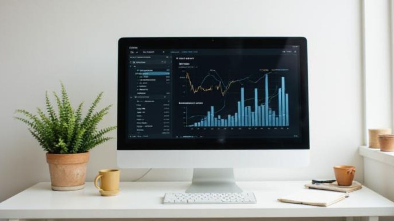 Monitor displays a data analytics dashboard with bar and line charts on a clean white desk, beside a potted fern and a mug.