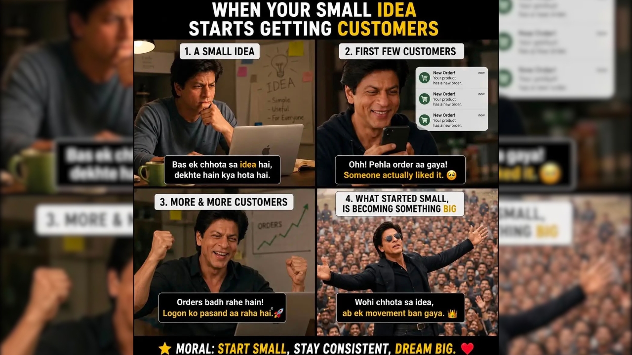 Meme Club Context Creativity and Communication at Jaipuria Institute of Management Ghaziabad 1 - Jaipuria Institute of Management, Indirapuram Ghaziabad Meme collage showing a man turning a small idea into a big business, with steps: small idea, first customers, more customers, and becoming big.