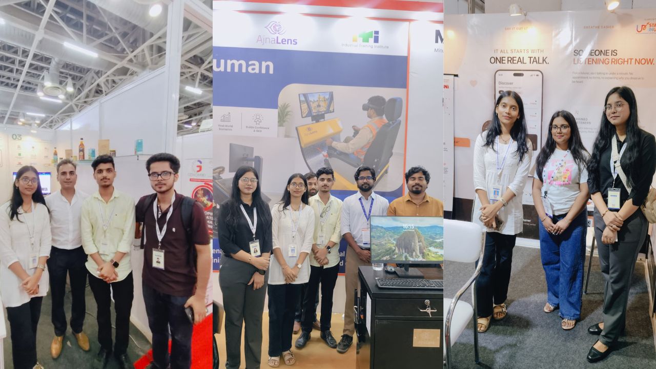 MBA Students Gain Industry Exposure at UP International Trade Show 2026 3 - Jaipuria Institute of Management, Indirapuram Ghaziabad Group of students and instructors posing at an indoor tech expo booth with banners and a computer display in the foreground.—informative image setup at a trade show