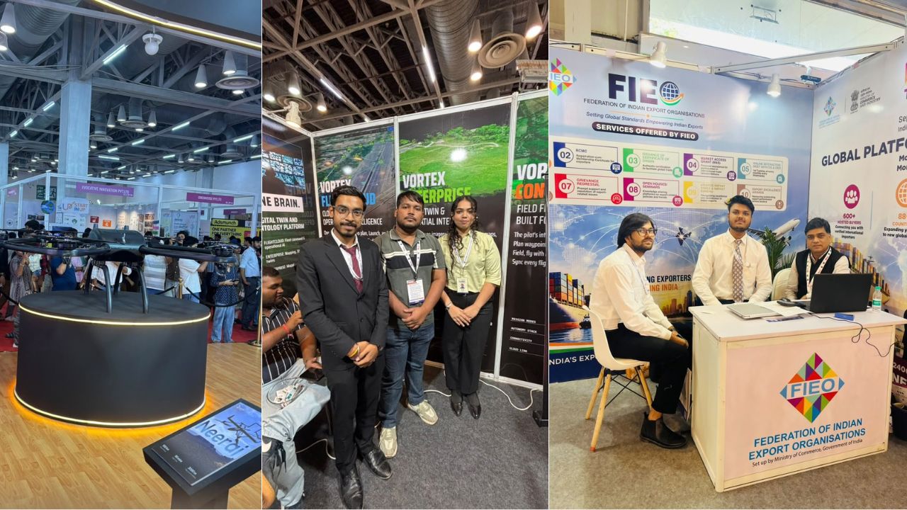 MBA Students Gain Industry Exposure at UP International Trade Show 2026 5 - Jaipuria Institute of Management, Indirapuram Ghaziabad Montage from a trade fair: left a circular booth with a lit edge and drones, center a group of four professionals at a booth, right a FIEO stand with staff.