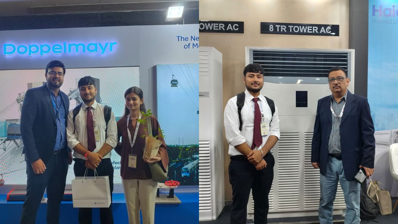 MBA Students Gain Industry Exposure at UP International Trade Show 2026 9 - Jaipuria Institute of Management, Indirapuram Ghaziabad Group of three people at a trade show booth, with a Doppelmayr sign in the background, posing for a photo (one man in a suit, two students with lanyards).