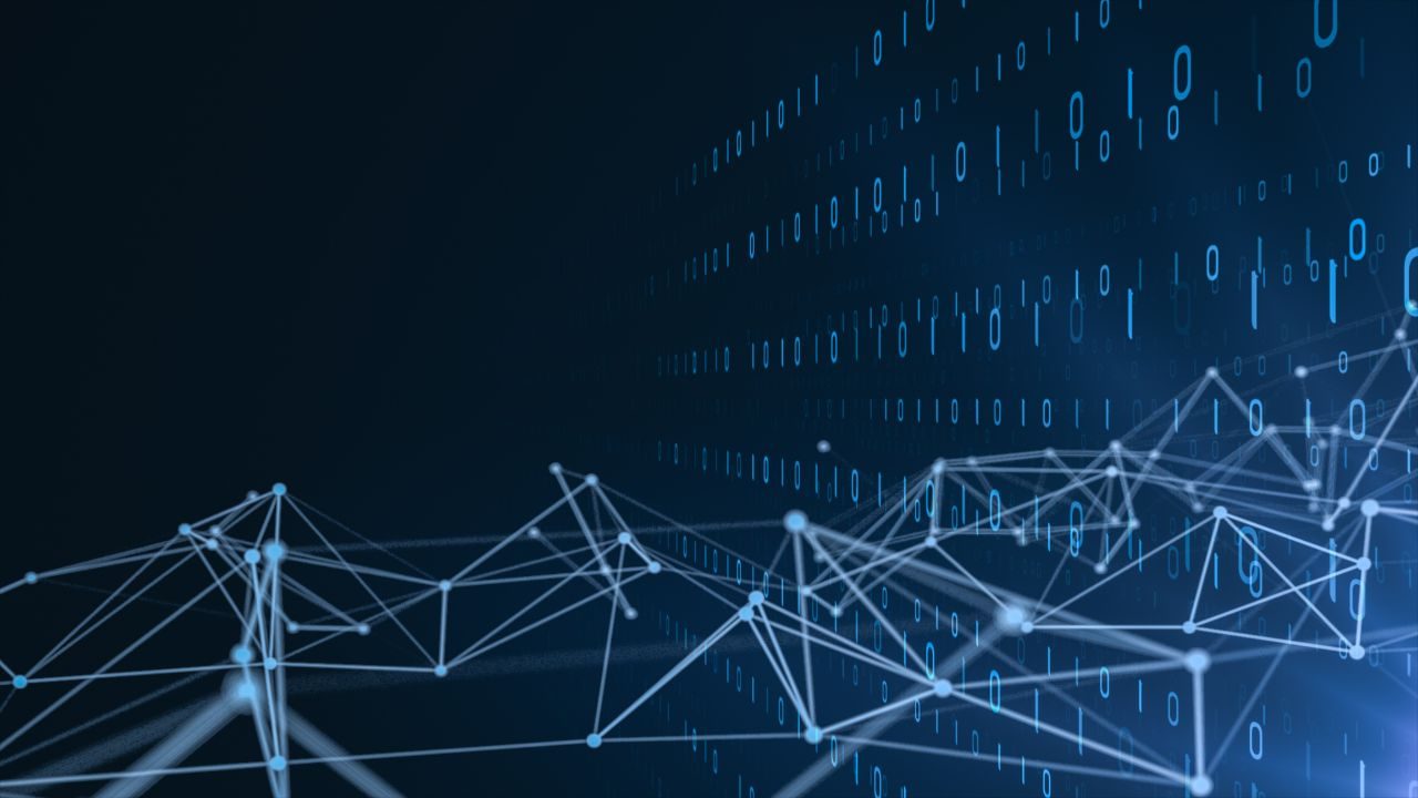 Abstract blue digital network with interconnected nodes and glowing lines, representing data networks and binary code in the background.