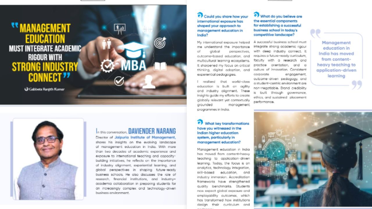 Magazine spread about management education featuring an MBA banner, portrait, and a graduate with a digital learning theme.