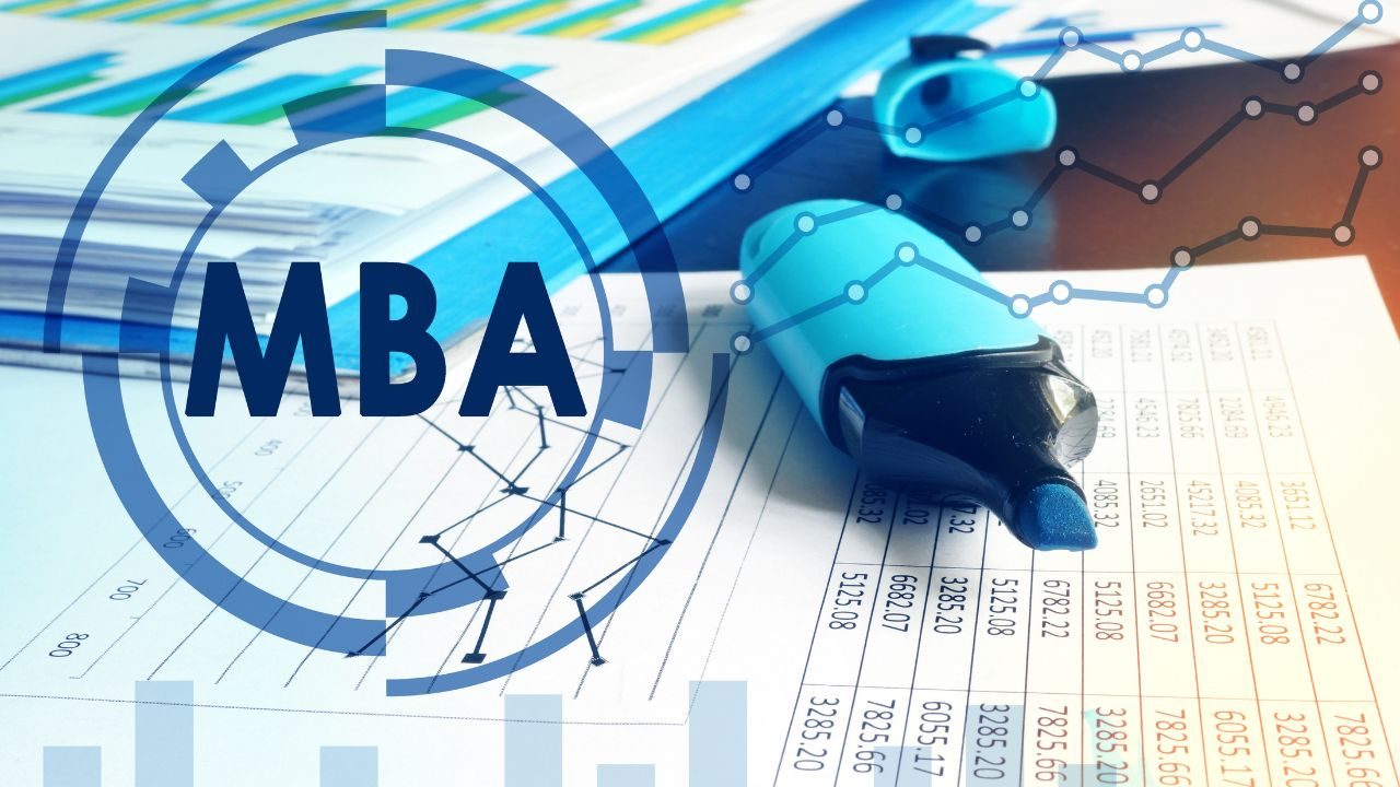 MBA graphic with circular emblem overlaid on a spreadsheet and blue highlighter, symbolizing business studies or an MBA program