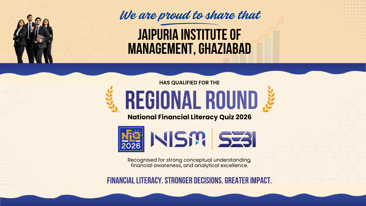 Banner announcing Jaipuria Institute of Management Ghaziabad hosting the Regional Round of the National Financial Literacy Quiz 2026, with a group of professionals on the left and bold event text center-right.