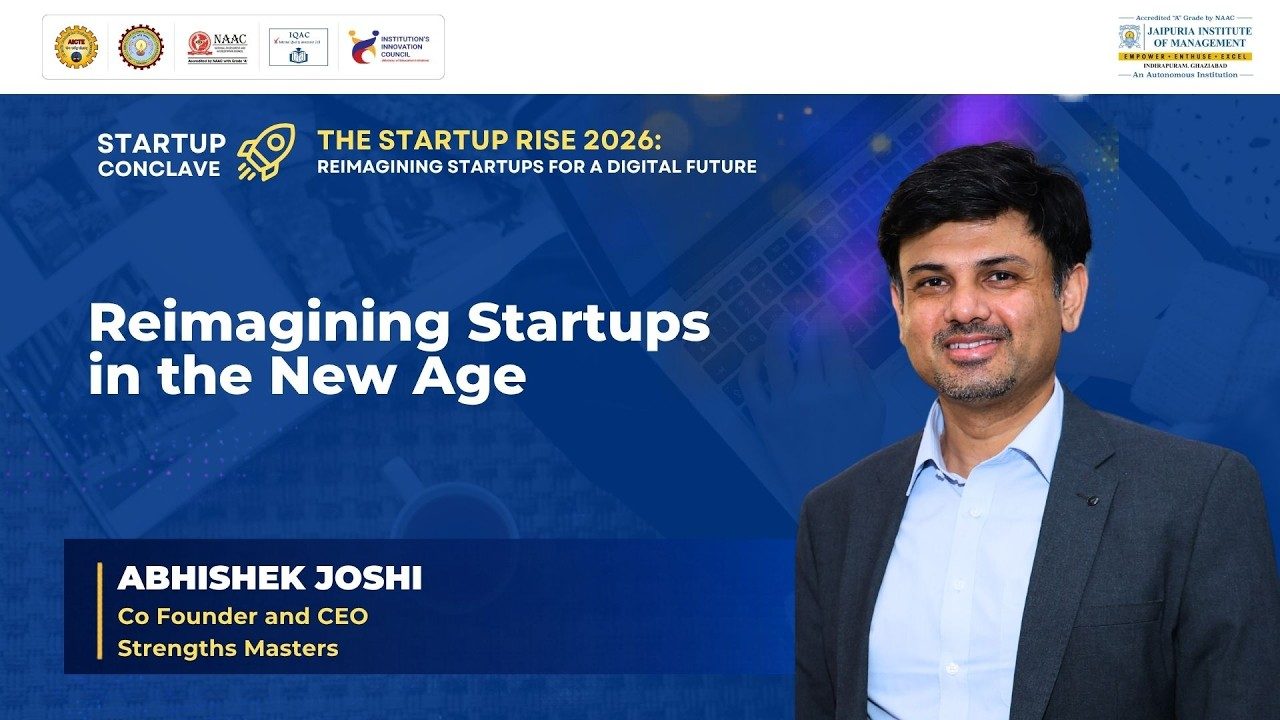 Banner for Startup Conclave: 'The Startup Rise 2026' with event logos; man in suit on the right and the title 'Reimagining Startups in the New Age' on blue graphics.