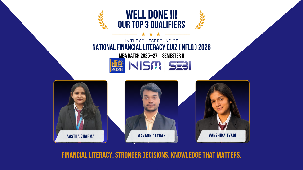 Banner announcing the top three qualifiers of the National Financial Literacy Quiz 2026, with portraits labeled AASTHA SHARMA, MAYANK PATHAK, VANSHIKA TYAGI.