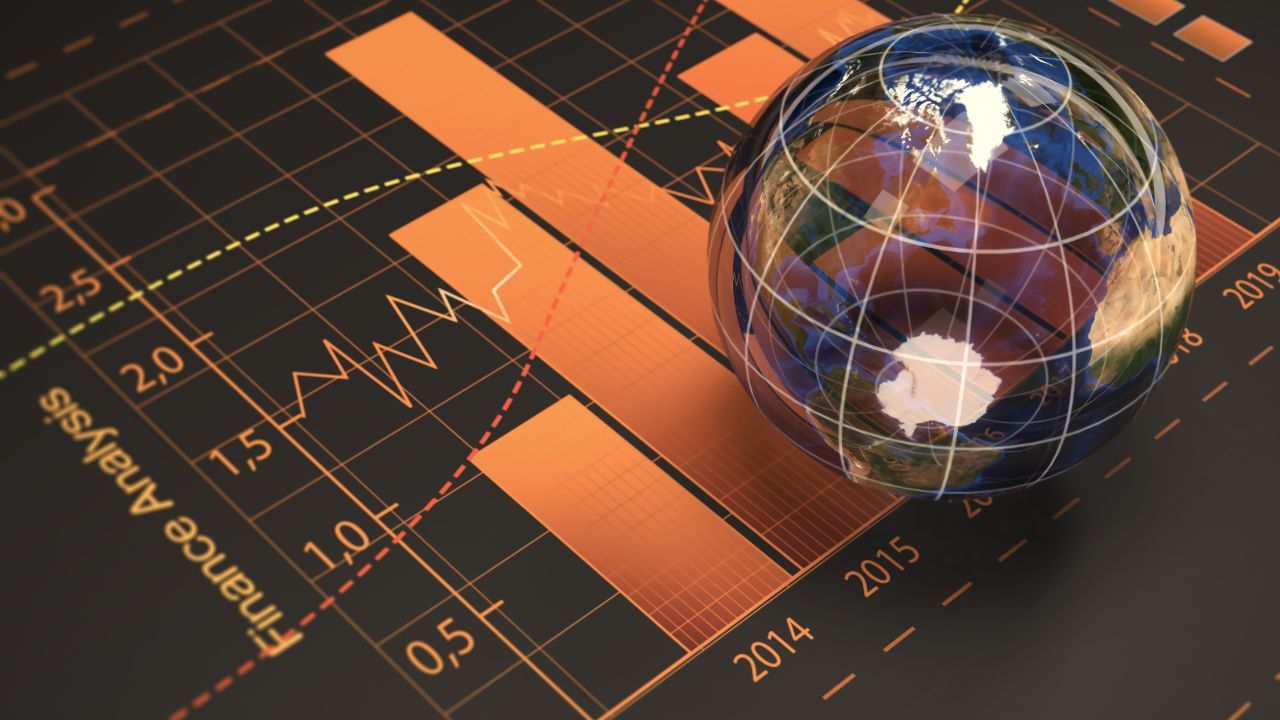 Global globe placed on top of an orange bar chart showing financial data from 2014 to 2019.