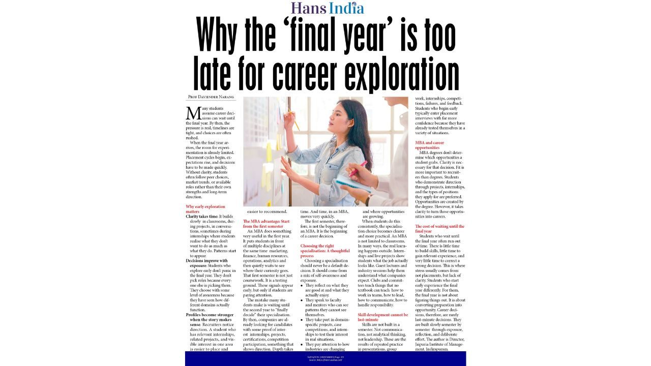Newspaper article titled "Why the 'final year' is too late for career exploration" with a woman writing on a whiteboard in the center.