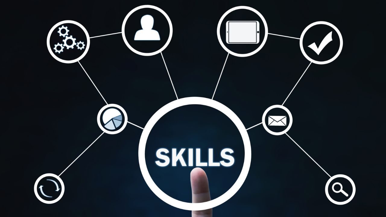 Center hub labeled SKILLS connected to icons for gears (settings), user profile, tablet device, checkmark, email envelope, magnifying glass (search), and refresh circle, on a dark background.